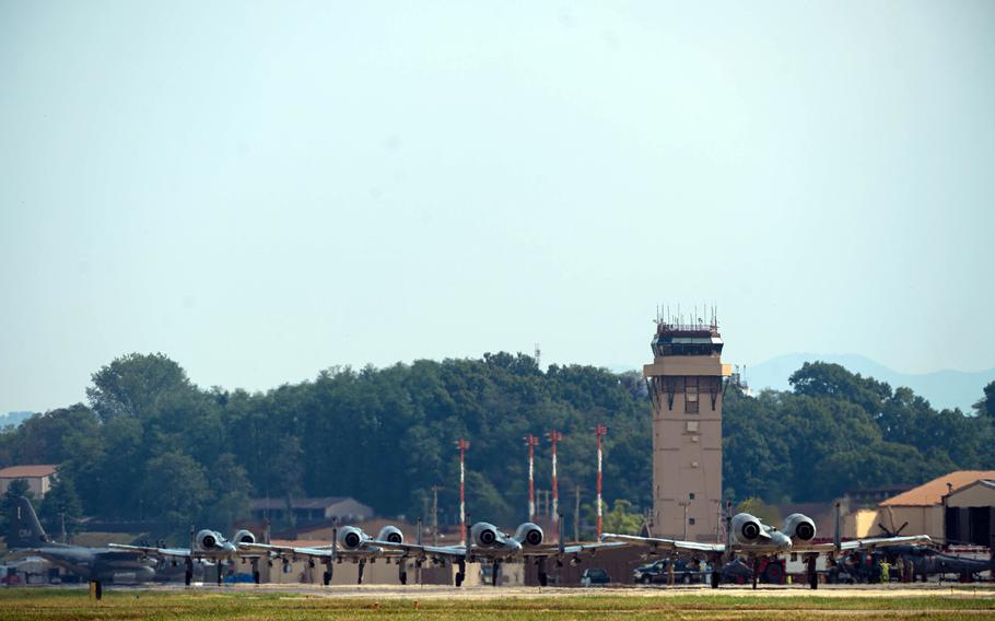 A-10 Thunderbolt IIs taxi at Osan Air Base, South Korea, in October 2021.