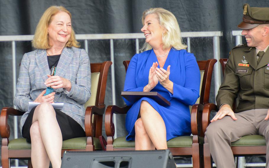 Eisenhower’s granddaughter Susan Eisenhower, left, Army Secretary Christine Wormuth and Army Maj. Gen. Paul Stanton, the commander of Fort Eisenhower and the Army Cyber Center of Excellence, speak during a renaming ceremony Friday, Oct. 27, 2023. The former Fort Gordon, Ga., was the last of nine Army bases to be renamed this year to drop their former names honoring Confederate generals. Eisenhower is the granddaughter of Gen. of the Army and former President Dwight D. Eisenhower, for whom the installation was renamed. 