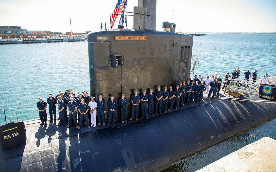 USS Asheville sailors assemble atop the submarine in this undated photo taken during their recent visit to HMAS Stirling in Western Australia.