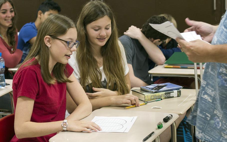 Eighth graders at the Bahrain school work on an assignment in 2015. Department of Defense Education Activity schools’ fourth graders and eighth graders ranked at or near the top of the field on the most recent national assessment of student achievement in math and reading.