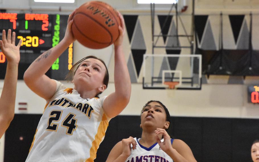 Stuttgart’s Ella Kirk puts up a shot after an offensive rebound in the DODEA-Europe Girls All-Star Basketball Game in Vicenza, Italy, on Saturday, Feb. 24, 2024.