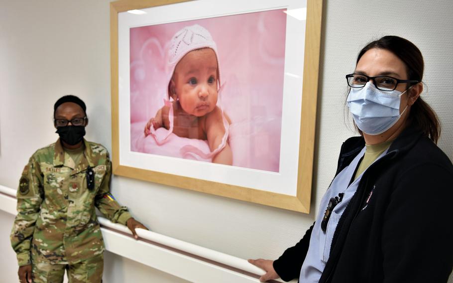 Clinical nurses Air Force Maj. Khimea Sayles, left, and Air Force Capt. Jenny Davis at Landstuhl Regional Medical Center in Germany on July 20, 2022. The pair work in the hospital's new labor, delivery, recovery and postpartum unit.