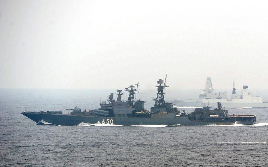 The Russian navy destroyer Admiral Chabanenko maneuvers during an international exercise in the Atlantic Ocean in 2011. Russia released a revised maritime strategy this week as the country celebrated Navy Day. 