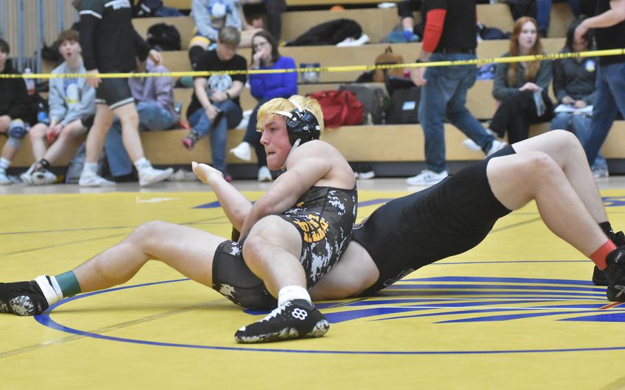 Stuttgart’s Jack Gruver needed 28 seconds to pin Vicenza’s Adrian Coert-Metcalf at 190 pounds Friday, Feb. 9, 2024, at the DODEA European Wrestling Championships in Wiesbaden, Germany.