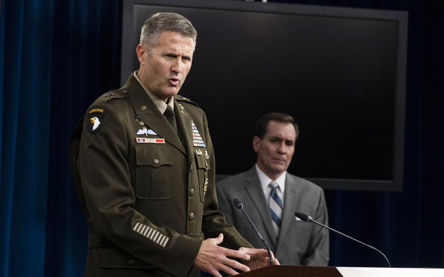 Pentagon spokesman John Kirby with U.S. Army Maj. Gen. William Taylor, Joint Staff Operations, speaks about the situation in Afghanistan during a briefing at the Pentagon in Washington, Friday, Aug. 27, 2021. 
