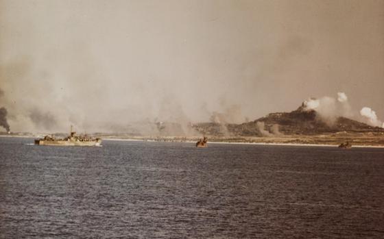 U.S. landing craft approach Iejima during the invasion of the small Okinawa island on April 16, 1945.