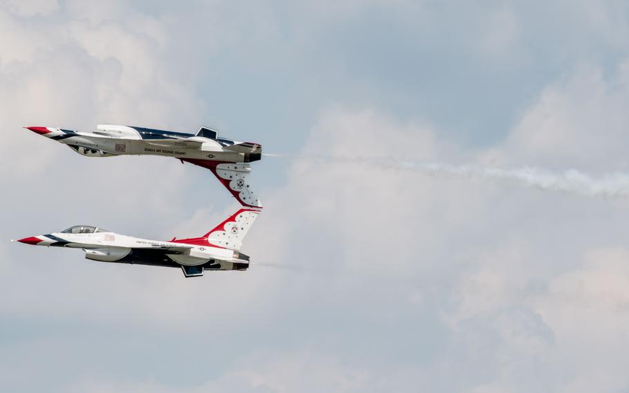 Two United States Air Force Demonstration “Thunderbirds” F-16 Fighting Falcons perform an aerial demonstration during the Charleston Airshow at Joint Base Charleston, S.C., Saturday, April 20, 2024. 