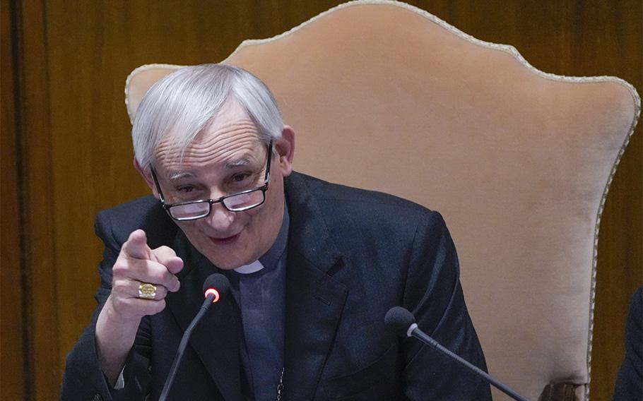 Cardinal Matteo Zuppi delivers his address opening the works of the 77th General Assembly of the Italian Bishops Conference at the Vatican, Tuesday, May 23, 2023.