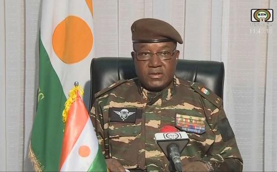 This video frame grab image obtained by AFP from ORTN Télé Sahel on July 28, 2023, shows General Abdourahamane Tchiani, Niger's self-declared military leader, speaking on national television.