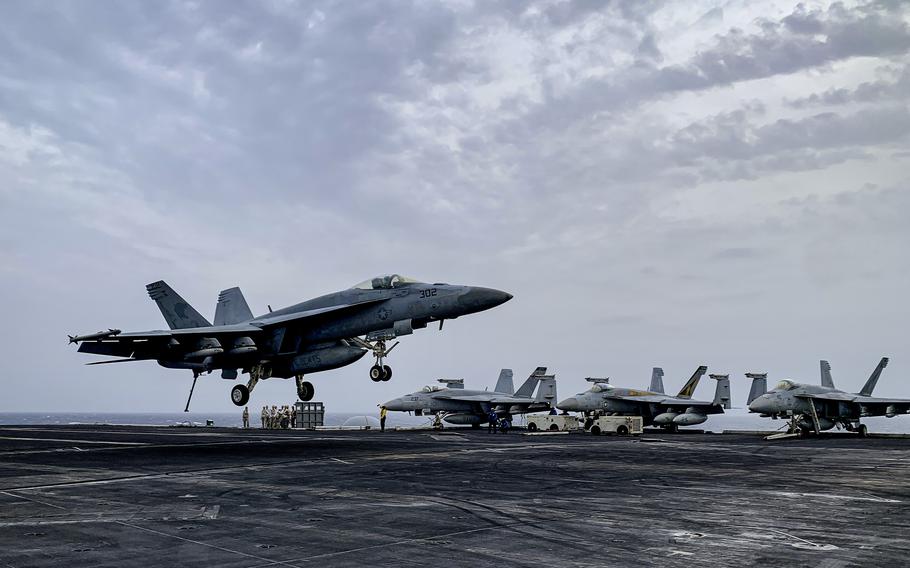 A F/A-18 Super Hornet lands on the flight deck of the aircraft carrier USS Dwight D. Eisenhower in the Red Sea on March 19, 2024. The carrier has launched about 100 flights daily, six-to-seven days a week since Dec. 31.