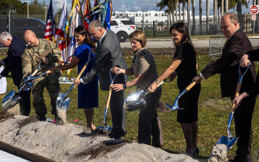 Breaking ground on the Military Housing at United States Southern Command in Doral, Fla., are, from right to left, Juan Carlos Bermudez, Miami-Dade County commissioner, District 12; Florida Lt. Governor Jeanette Nuñez; Gen. Laura J. Richardson, commander, U.S. Southern Command; Congressman Mario Diaz-Balart (FL-26); Christi Fraga, mayor of the City of Doral; and Gen. Edward M. Daly, United States Army Materiel Command.