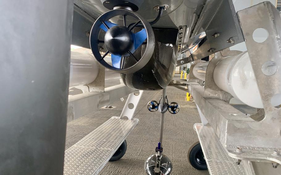 Three thrusters power the TRITON drone when it's in use as a submarine. The drone is capable of mine countermeasures, anti-submarine warfare and subsurface seabed warfare, among other missions. 