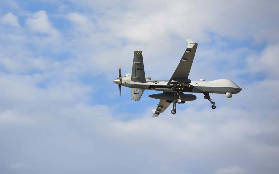 A U.S. Air Force MQ-9 Reaper remotely piloted aircraft lifts off from Marine Corps Air-Ground Combat Center, Twentynine Palms, Calif., Aug. 15, 2023. 