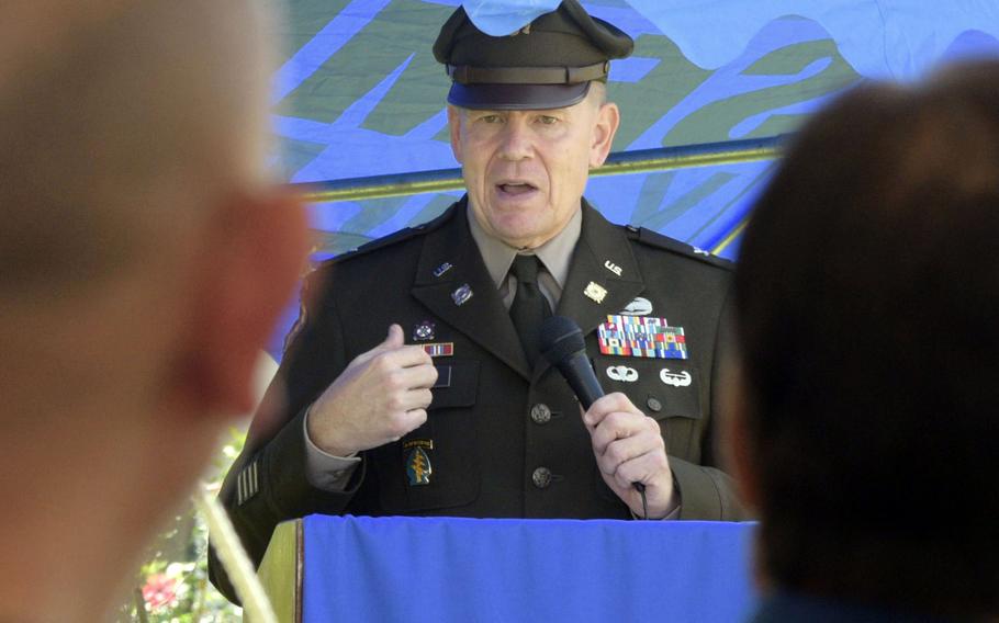 Army Col. Ned Holt, 10th Support Group commander, speaks about famed war correspondent Ernie Pyle during a memorial ceremony at Ie Shima, Okinawa, Sunday, April 16, 2023. 