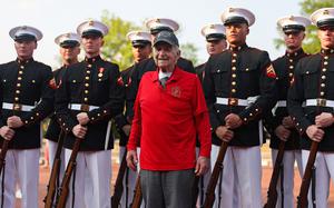 Marine Corps veteran William Parks stands with the service's Silent Drill Platoon during a Marine Week celebration in Murfreesboro, Tenn., June 3, 2025. Parks died June 5, 2025, at age 94.