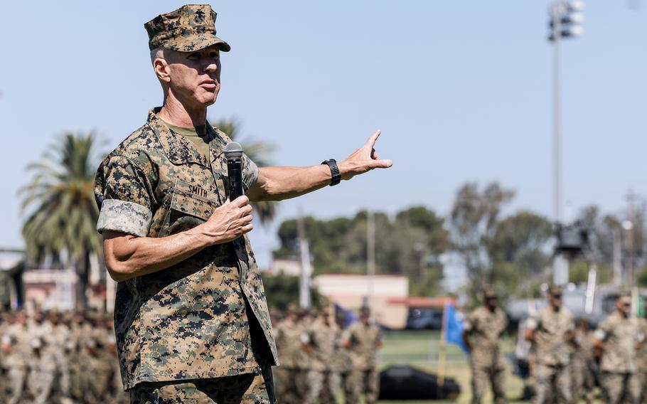 Marine Corps Gen. Eric Smith gives remarks at a ceremony on Camp Pendleton, Calif., Aug. 18, 2023. In an administrative message Aug. 29, 2023, Smith, the acting Marine Corps commandant, called for a servicewide safety review to be done by Sept. 15, following an Osprey crash this week that killed three Marines and left eight hospitalized.