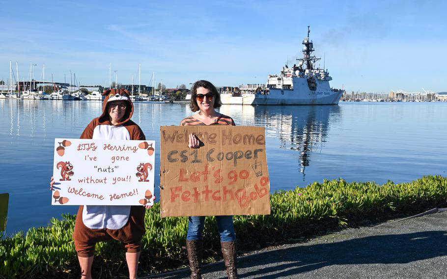 Family and friends celebrate as the U.S. Coast Guard Cutter Waesche (WMSL 751) crew returns to homeport in Alameda, Calif., Dec. 9, 2023. 