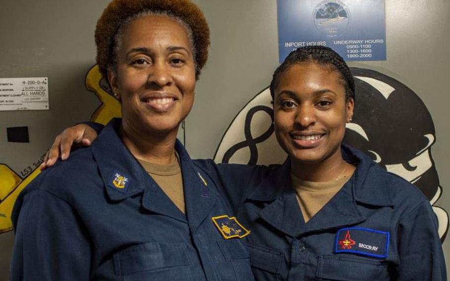 Master Chief Tanya McCray and daughter Seaman Racquel McCray have a rare opportunity to serve on the same ship, USS Gerald R. Ford.