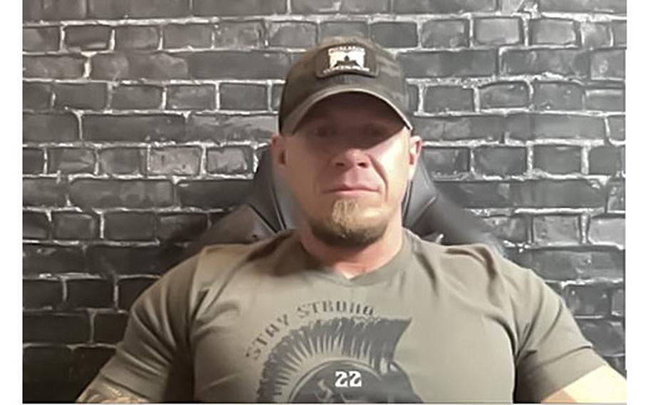 A video screen grab shows Marine veteran Adam Cooper who is planning a 22-hour workout in South Carolina to raise awareness of veterans’ mental health issues.