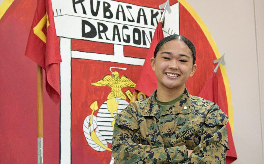 Gwen Pantaleon, a junior wrestler at Kubasaki High School on Okinawa, is the first girl to finish in the top three in a Far East tournament. 