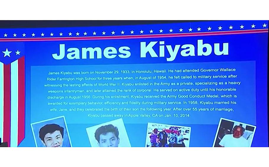 A video screen grab shows a display to honor Army veteran James Kiyabu who was posthumously awarded a high school diploma.