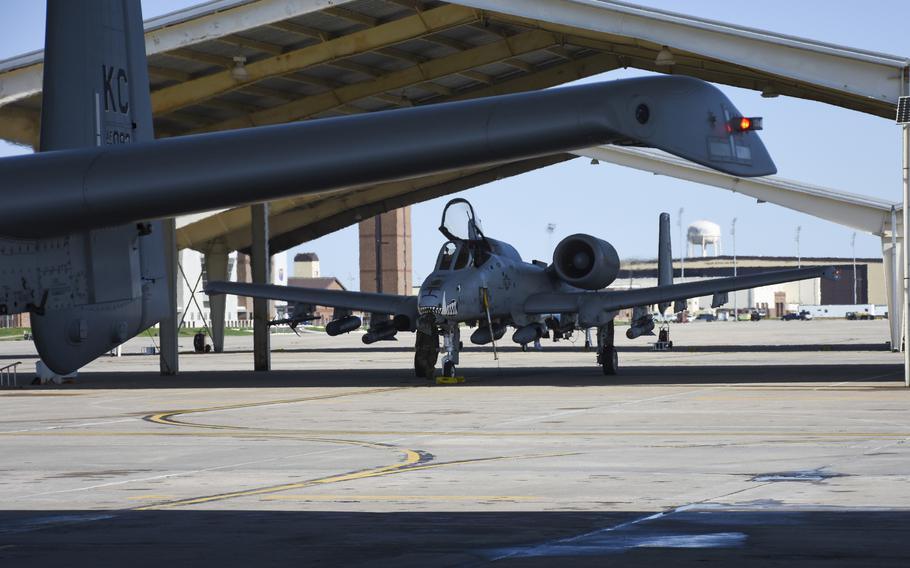 An A-10 Thunderbolt II attack aircraft waits to taxi April 9, 2021, on Whiteman Air Force Base, Mo. Ten of the aircraft are expected to join the ongoing Defender 23 exercise in Europe.