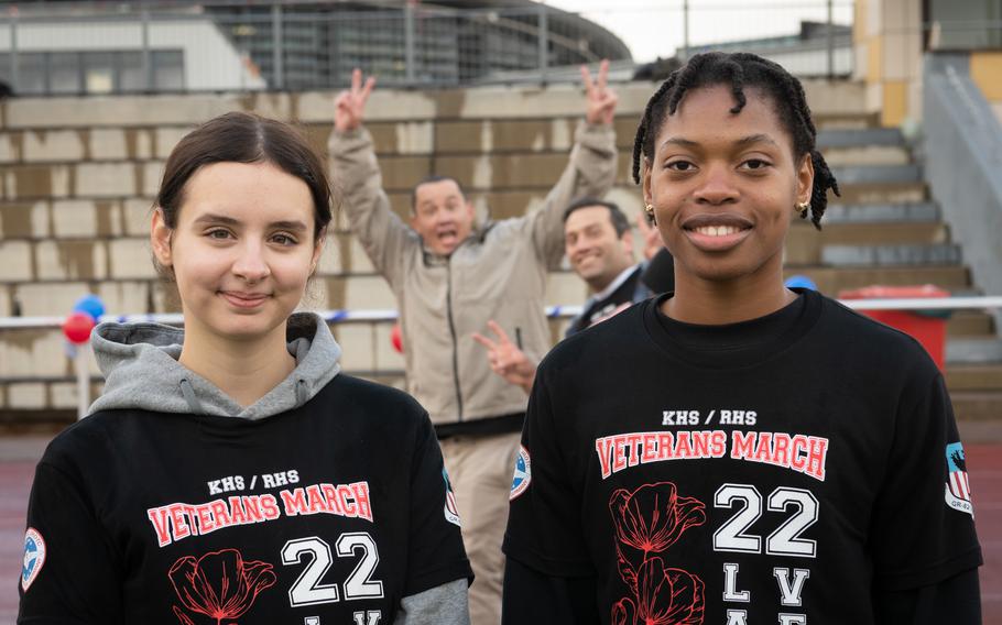 Air Force JROTC cadet Col. Maurnice Ahavit, right, of Kaiserslautern High School and Air Force JROTC cadet Lt. Col. Jenna French of Ramstein High School pose for a photo at a Veterans Day march at Kaiserslautern High School, Friday, Nov. 10, 2023. Both lead their respective JROTC units. 