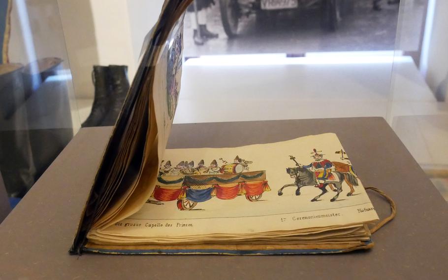 This concertino fold booklet on display at the Fastnachtsmuseum depicts the Mainz carnival parade of 1857. When unfolded, the lithograph is almost 21 feet long.
