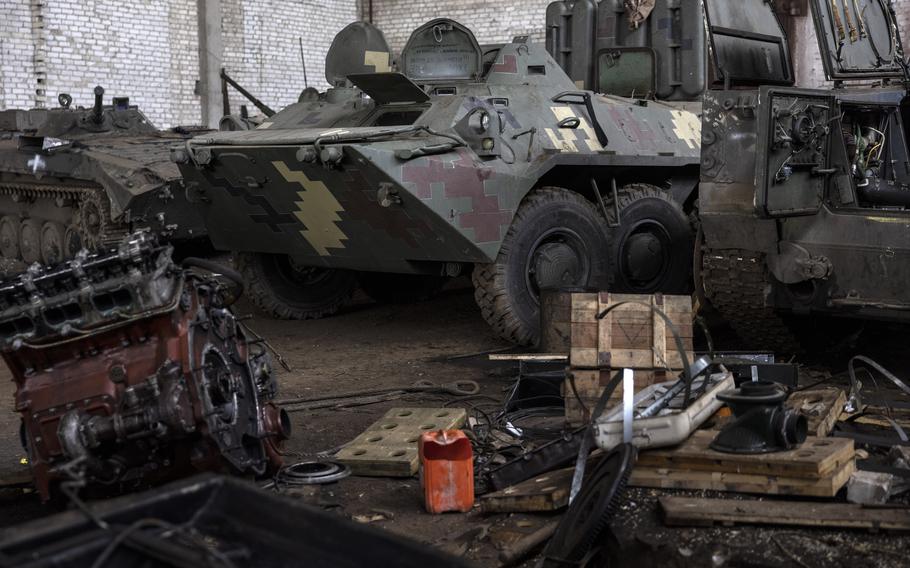 Equipment at the repair site in Ukraine’s northeastern Kharkiv region. 