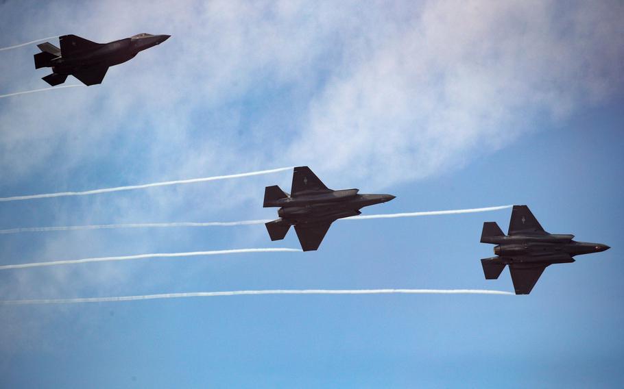 South Korean Air Force F-35 Lightning II fighter jets, manufactured by Lockheed Martin Corp., at the Seoul International Aerospace & Defense Exhibition (ADEX) at Seoul Air Base in Seongnam, South Korea, on Oct. 14, 2019. 