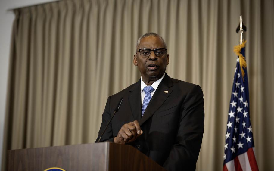 U.S. Defense Secretary Lloyd Austin gives closing remarks during the Ukraine Defense Contact Group meetings at Ramstein Air Base, Germany, Tuesday, March 19, 2024. Austin addressed defense leaders and military officials at the Ramstein Officers Club as part of his first trip abroad since he was hospitalized Jan. 1 due to complications from surgery to treat prostate cancer.