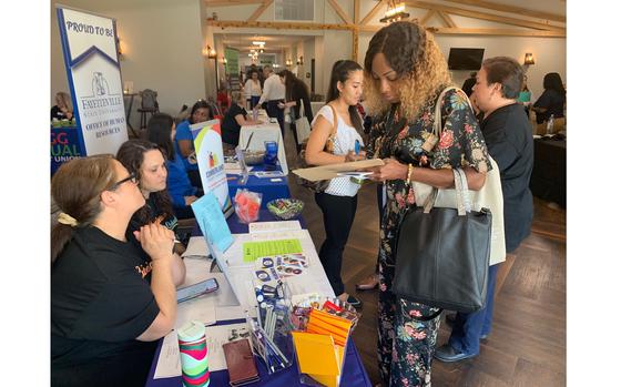 Military spouses network with prospective employers at the MilSpo Career Expo, Sep. 15, 2022, at Fort Bragg. 