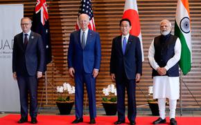 Leaders of Quadrilateral Security Dialogue (Quad) from left to right, Australian Prime Minister Anthony Albanese, U.S. President Joe Biden, Japanese Prime Minister Fumio Kishida, and Indian Prime Minister Narendra Modi, pose for photo at the entrance hall of the Prime Minister's Office of Japan in Tokyo, Japan, Tuesday, May 24, 2022. 