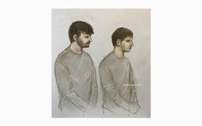 This court artist sketch by Elizabeth Cook shows Dmitrijus Paulauska, left, and Jake Reeves, who along  with Paul English and Nii Mensah have been charged in connection with the case of a London arson plot, at Westminster Magistrates' Court, central London, Friday April 26, 2024. (Elizabeth Cook/PA via AP)