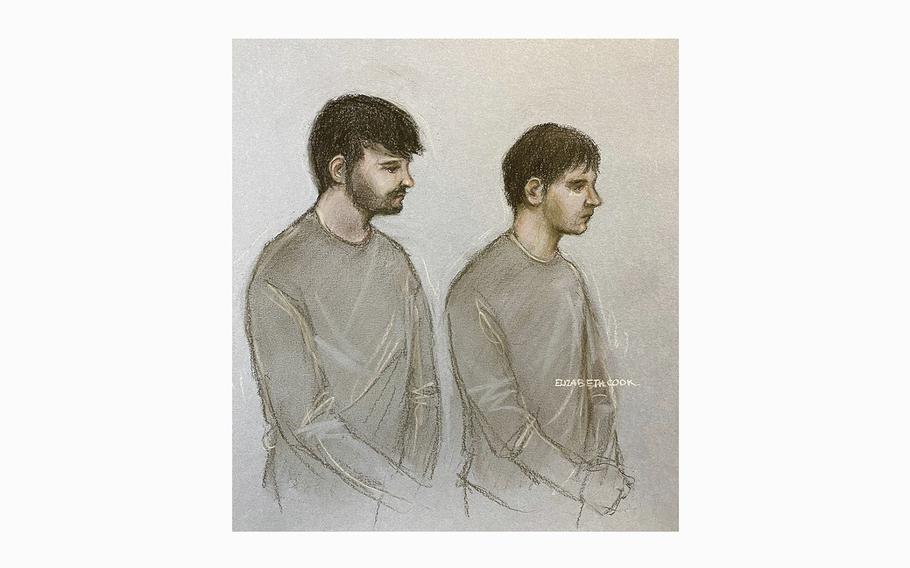 A courtroom sketch shows Dmitrijus Paulauska, left, and Jake Reeves at Westminster Magistrates’ Court in London on Friday April 26, 2024. The two have been charged in connection with the case of a London arson plot.