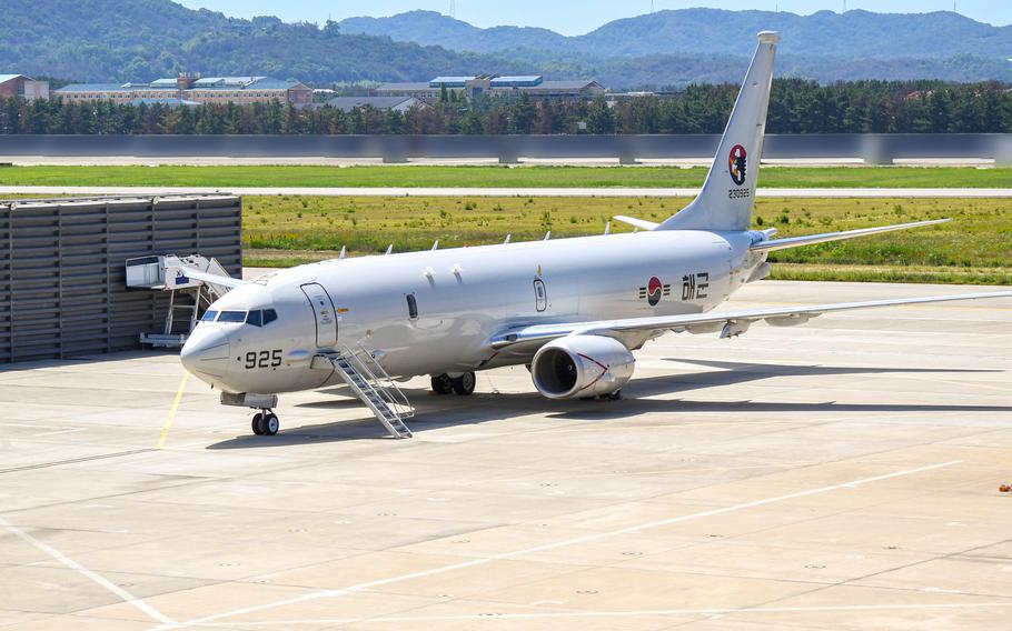 A South Korean navy P-8A Poseidon at the Pohang Aviation Command in Pohang, South Korea, July 1, 2025. 