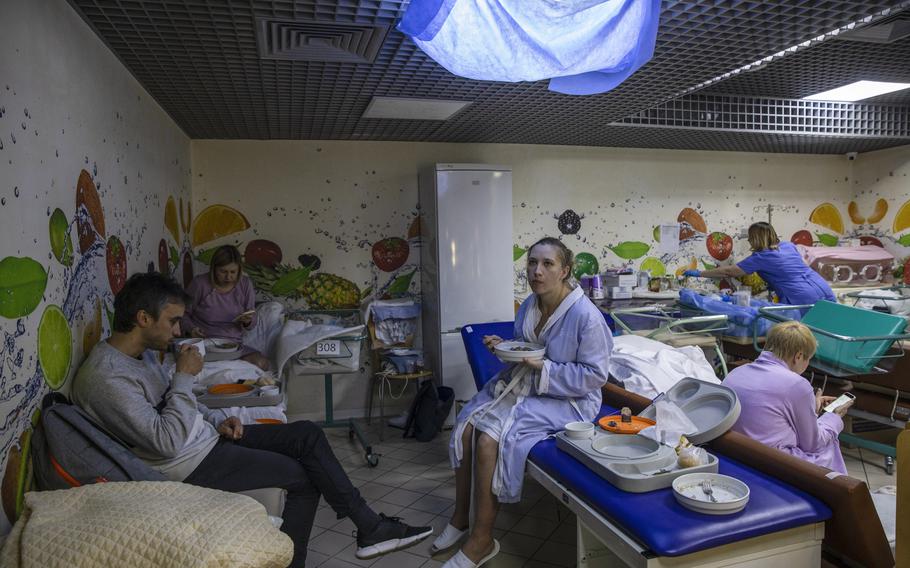 Expectant mothers are cared for in a makeshift underground maternity ward of the Isida clinic in Kyiv on March 2. In normal times, the room is a cafeteria