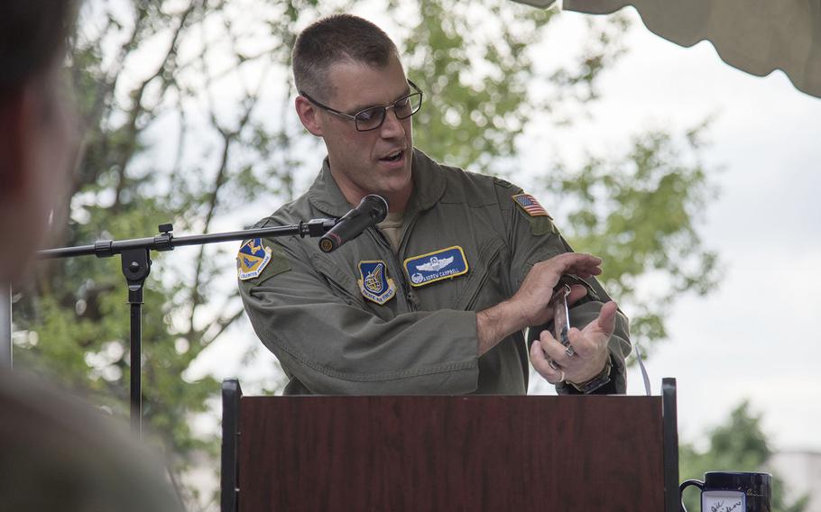 Col. Andrew Campbell, 374th Airlift Wing commander, speaks about a wrench he donated for a time capsule at Yokota Air Base, Japan, Thursday, July 29, 2021.