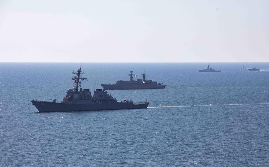 The USS Ross sails in the Black Sea on July 9, 2021. It was taking part in an exercise that has been co-hosted by the U.S. 6th Fleet and the Ukrainian navy since 1997. The exercise took on added importance this year as tensions in the region rose along with Russian aggression.