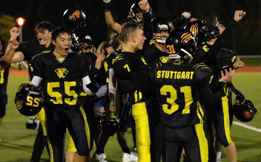 The Stuttgart Panthers celebrate their 51-12 win in the DODEA-Europe Division I football championship game at Kaiserslautern, Germany, Oct. 29, 2022.