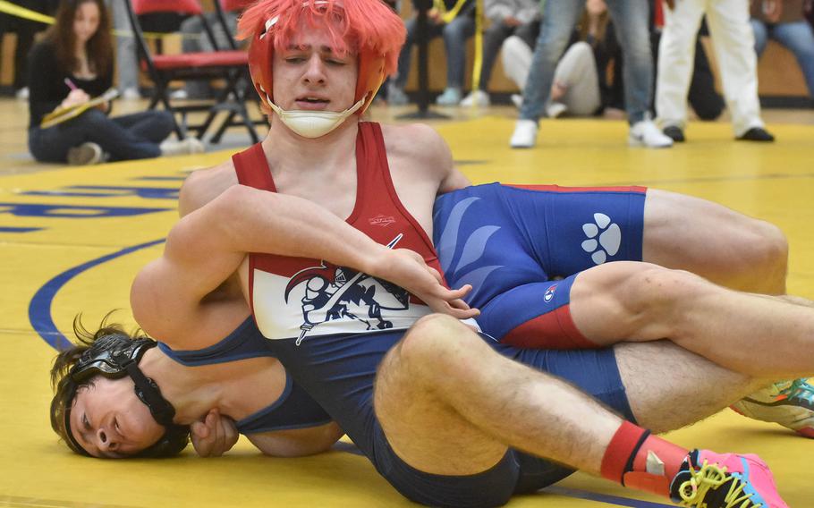 Lakenheath’s Kahle Zerbe had control in parts of his 138-pound semifinal match with Ramstein’s Jayden Andrews at the DODEA European Wrestling Championships in Wiesbaden, Germany. But Andrews won the match 7-3.
