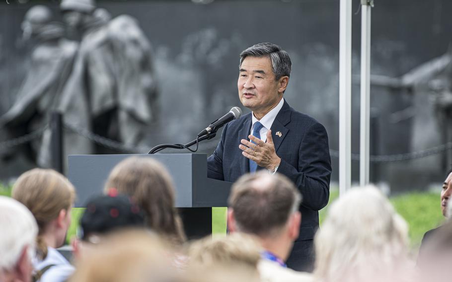 South Korean Ambassador to the U.S. Cho Tae-yong speaks at the unveiling of the new Wall of Remembrance at the Korean War Memorial in Washington, D.C., on Tuesday, July 26, 2022.