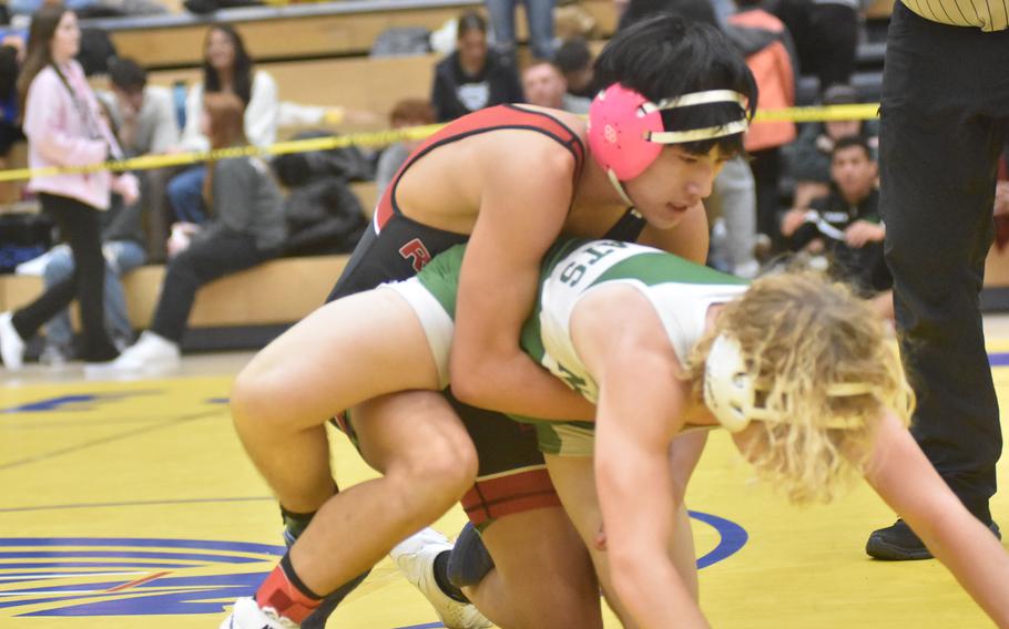 Kaiserslautern’s Joshua Kim defeated Naples’ Liam Hicks at 126 pounds Friday, Feb. 9, 2024, at the DODEA European Wrestling Championships in Wiesbaden, Germany.