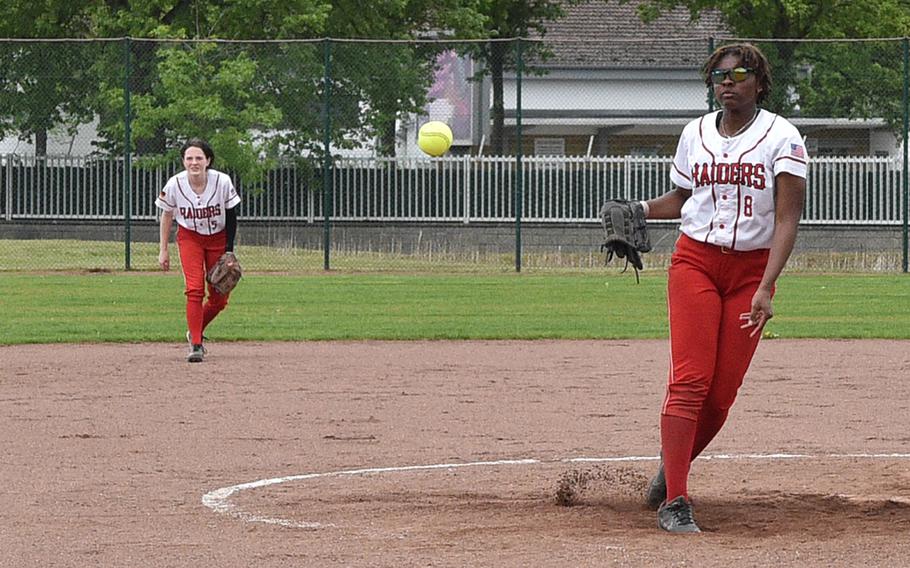 Kaiserslautern's Aries Garrett pitches during the afternoon game on Sautrday against Vilseck at Kaiserslautern High School in Kaiserslautern, Germany. Garrett went 6 of 7 at the plate in the doubleheader and tossed almost five innings in Game 2 for the win.