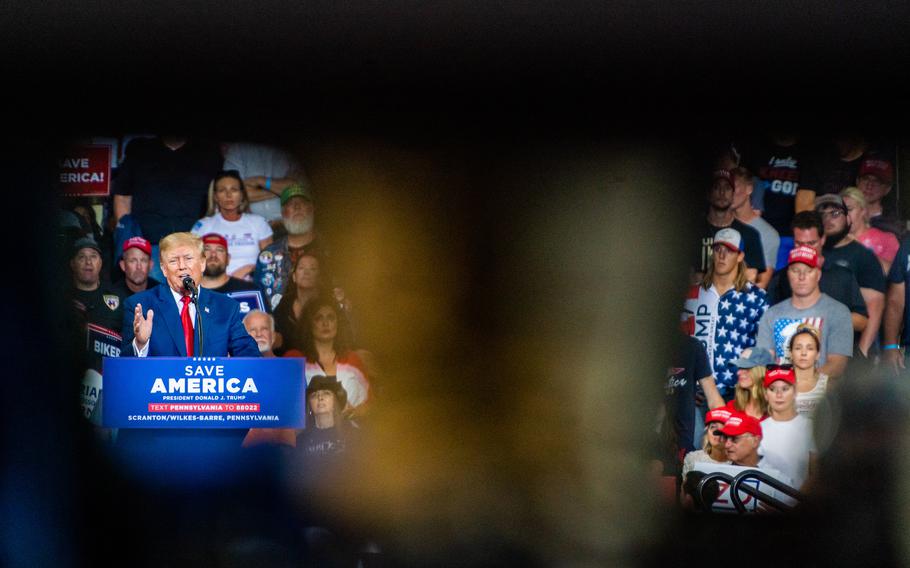 Former president Donald Trump speaks at a rally for Pennsylvania Republican candidate Dr. Mehmet Oz and gubernatorial candidate Doug Mastriano in Wilkes-Barre, Pa