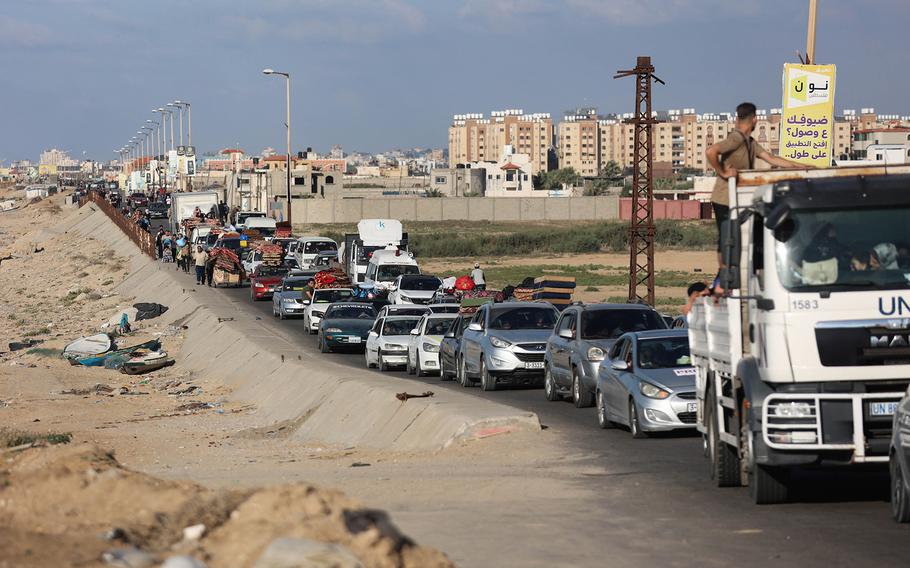 The road to Southern Gaza with thousands of displaced families on Friday, Oct. 13, 2023.