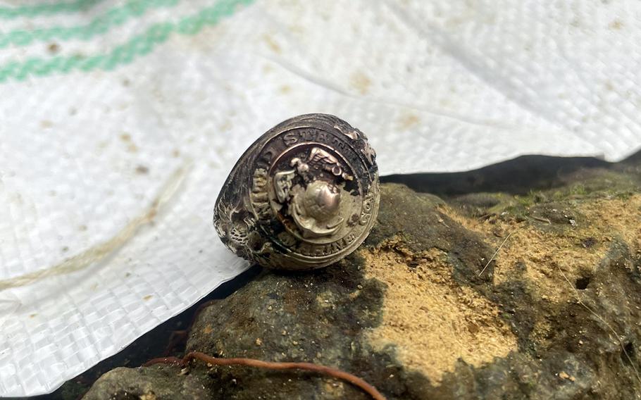 This ring, which may have belonged to Marine Pfc. John Quinn Jr., was found inside an Okinawa cave along with human remains and other items, Sept. 6, 2022.