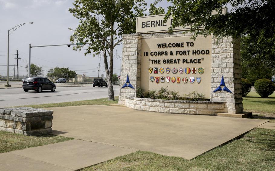 The welcome sign can be seen at the entrance of III Corps and Fort Hood in Killeen, Texas, on July 2, 2020. 