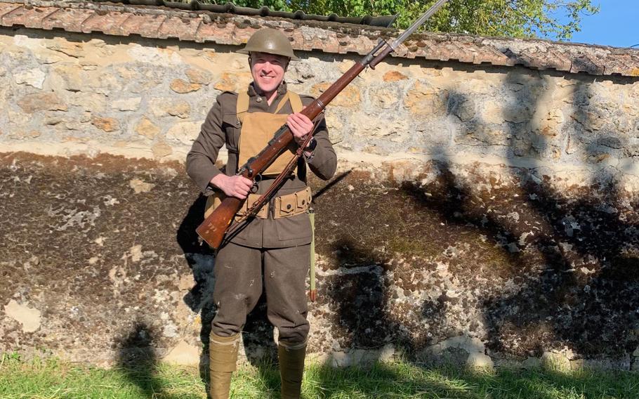 Gunnery Sgt. Daniel Sallee, a U.S. Marine Forces Europe and Africa future plans and concepts chief, dressed in a World War I uniform, poses for photos in Belleau Wood, France, on May 29, 2021.