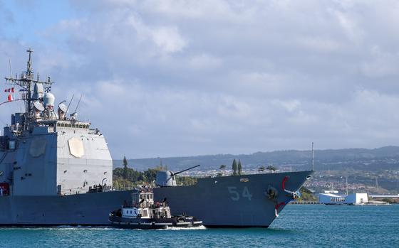 240405-N-RM312-4928

The Ticonderoga-class guided missile-cruiser USS Antietam (CG 54) passes the USS Arizona memorial while arriving to its new homeport at Joint Base Pearl Harbor-Hickam, Hawaii, April 5, 2024. An integral part of U.S. Pacific Fleet, U.S. 3rd Fleet operates naval forces in the Indo-Pacific and provides the realistic, relevant training necessary to execute the U.S. Navy’s role across the full spectrum of military operations - from combat operations to humanitarian assistance and disaster relief. (U.S. Navy Photo by Mass Communication Specialist Seaman Gavin Arnoldhendershot)